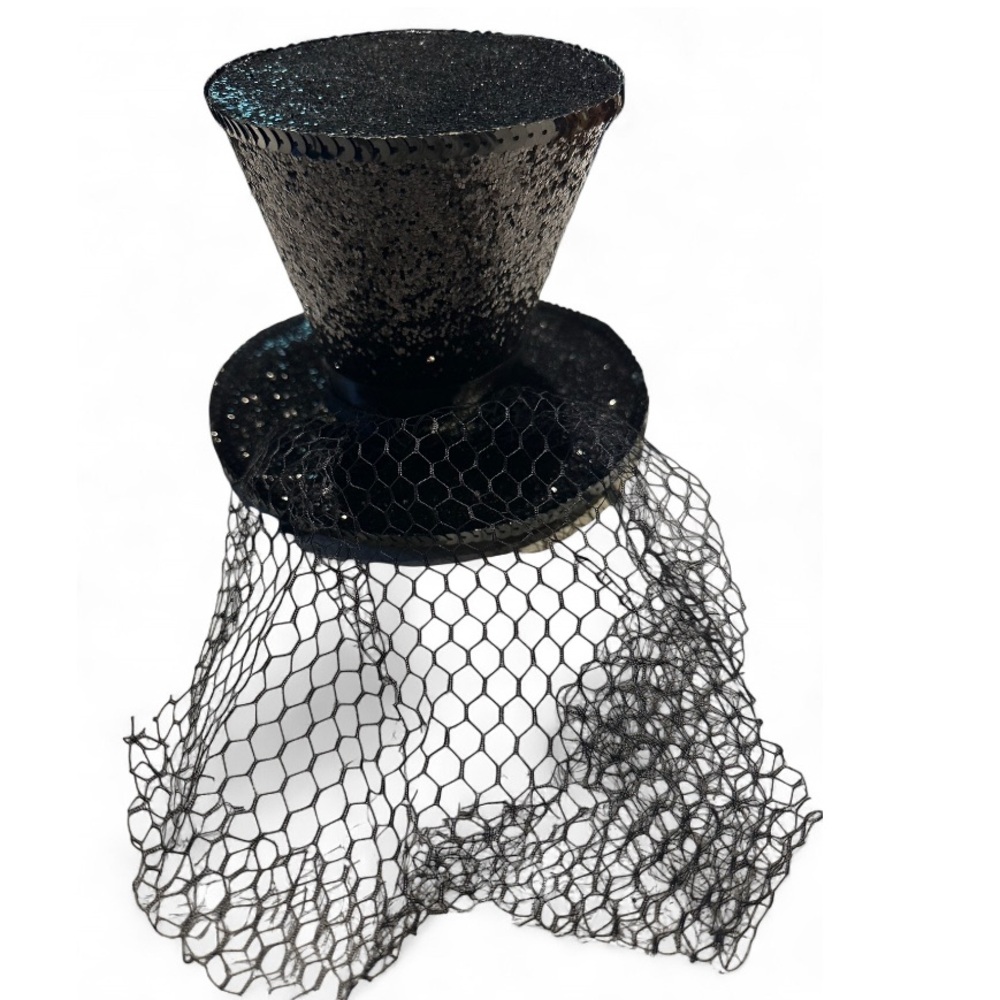 Y2K Leg Avenue Mini Black Glitter Top Hat with Veil Costume Accessory RN82293